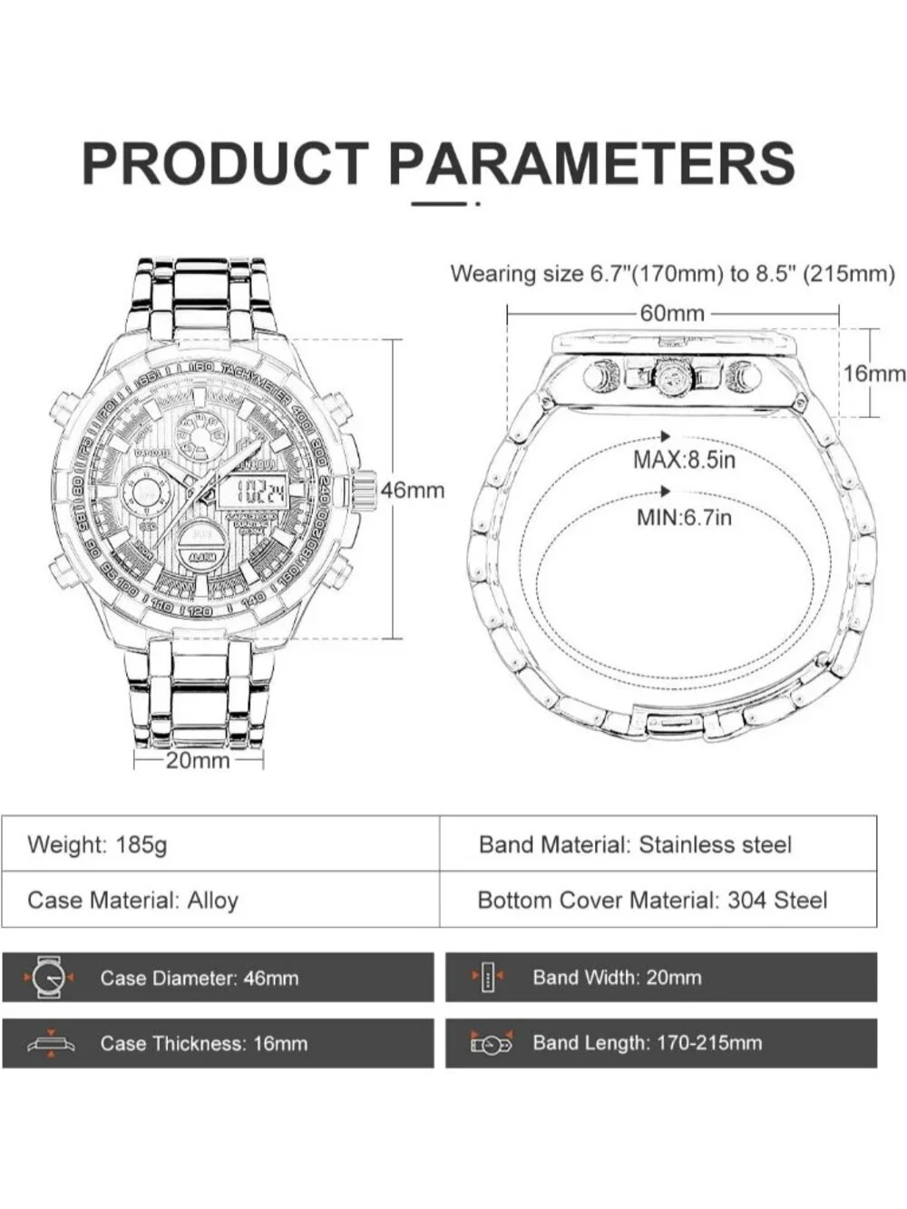 Men's Gold Black Stainless Steel Analog Digital Outdoor Waterproof Luxury Watch